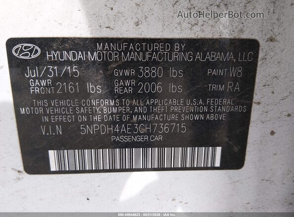 5NPDH4AE3GH736715 2016 HYUNDAI ELANTRA White ძრავის განყოფილების ხედი