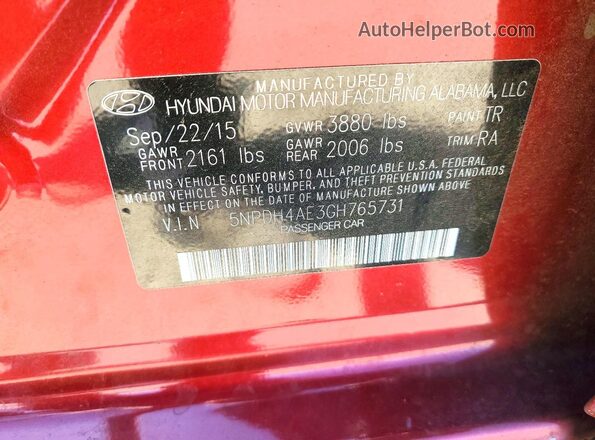 5NPDH4AE3GH765731 2016 HYUNDAI ELANTRA Red Շարժիչի բաժամունքի տեսք