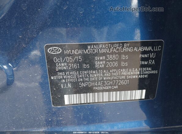 5NPDH4AE3GH772601 2016 HYUNDAI ELANTRA Blue Շարժիչի բաժամունքի տեսք