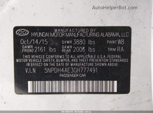 5NPDH4AE3GH777491 2016 HYUNDAI ELANTRA White Вид підкапотного простору