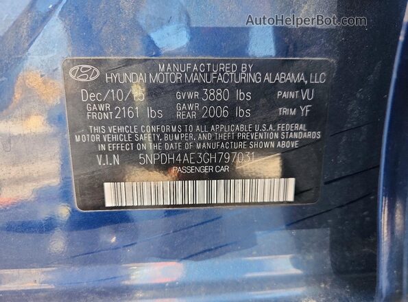 5NPDH4AE3GH797031 2016 HYUNDAI ELANTRA Blue ძრავის განყოფილების ხედი