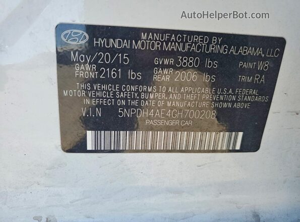 5NPDH4AE4GH700208 2016 HYUNDAI ELANTRA White Շարժիչի բաժամունքի տեսք