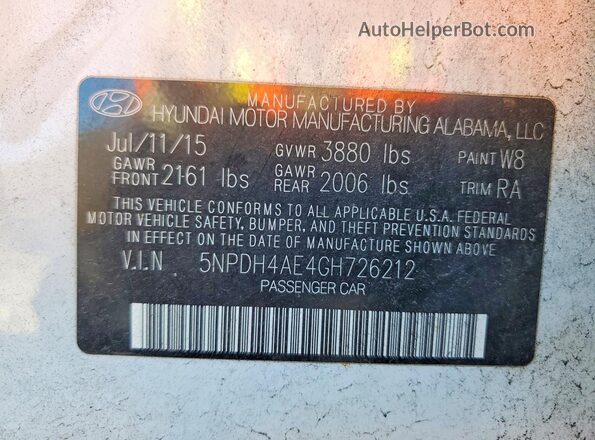 5NPDH4AE4GH726212 2016 HYUNDAI ELANTRA White Вид підкапотного простору