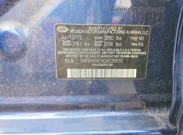 5NPDH4AE4GH726937 2016 HYUNDAI ELANTRA Синий Вид наклейки с VIN-кодом