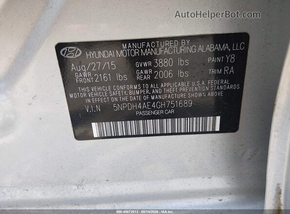 5NPDH4AE4GH751689 2016 HYUNDAI ELANTRA Silver Շարժիչի բաժամունքի տեսք