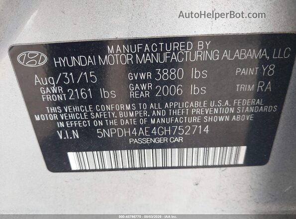 5NPDH4AE4GH752714 2016 HYUNDAI ELANTRA Silver Engine compartment view