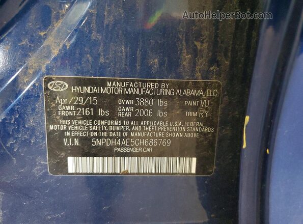 5NPDH4AE5GH686769 2016 HYUNDAI ELANTRA Black ძრავის განყოფილების ხედი