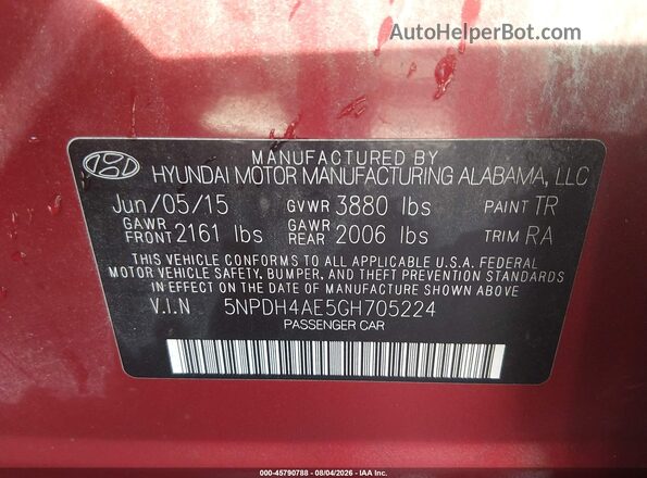 5NPDH4AE5GH705224 2016 HYUNDAI ELANTRA Burgundy Engine compartment view