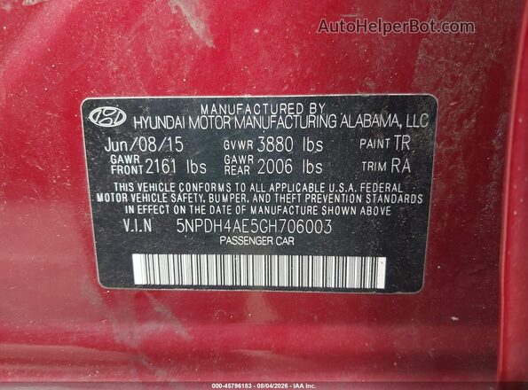 5NPDH4AE5GH706003 2016 HYUNDAI ELANTRA Красный Вид подкапотного пространства