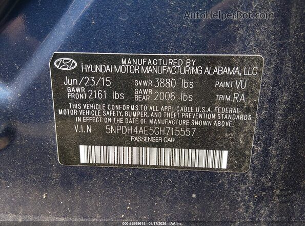 5NPDH4AE5GH715557 2016 HYUNDAI ELANTRA Blue ძრავის განყოფილების ხედი