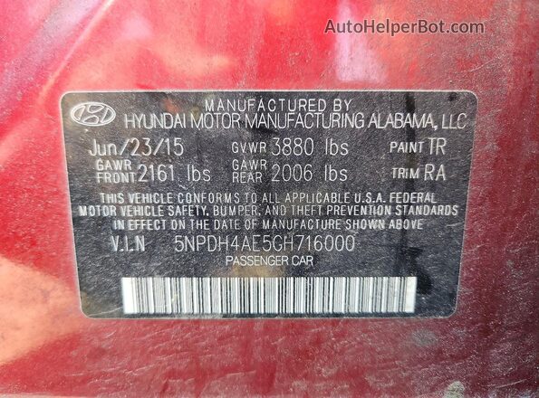 5NPDH4AE5GH716000 2016 HYUNDAI ELANTRA Красный Вид наклейки с VIN-кодом