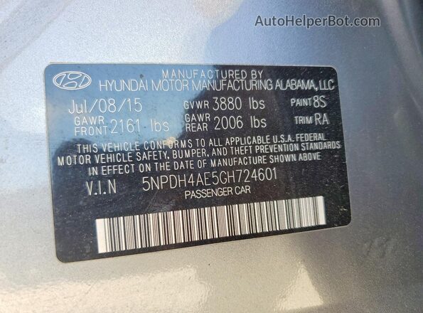 5NPDH4AE5GH724601 2016 HYUNDAI ELANTRA Silver VIN sticker view