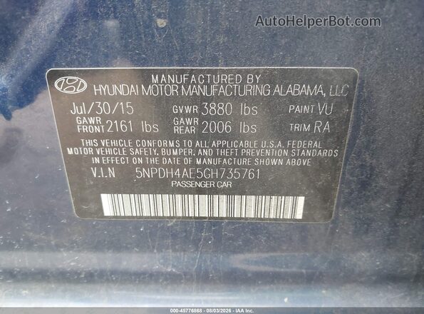 5NPDH4AE5GH735761 2016 HYUNDAI ELANTRA Blue Widok komory silnika