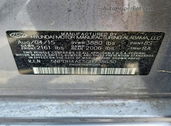 5NPDH4AE5GH738630 2016 HYUNDAI ELANTRA Gray 
