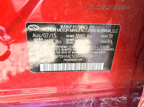 5NPDH4AE5GH740829 2016 HYUNDAI ELANTRA Red VIN კოდის სტიკერის ხედი