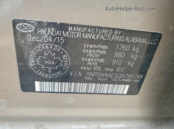 5NPDH4AE5GH795748 2016 HYUNDAI ELANTRA Beige Շարժիչի բաժամունքի տեսք