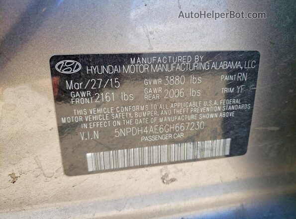 5NPDH4AE6GH667230 2016 HYUNDAI ELANTRA Gray ძრავის განყოფილების ხედი