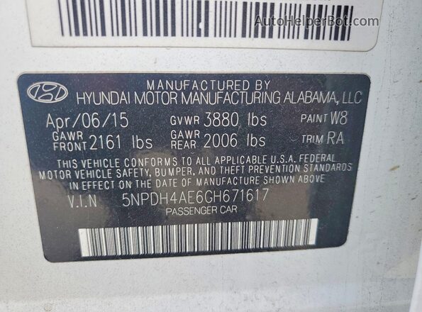 5NPDH4AE6GH671617 2016 HYUNDAI ELANTRA White Вид підкапотного простору
