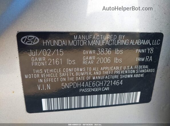 5NPDH4AE6GH721464 2016 HYUNDAI ELANTRA Silver Engine compartment view