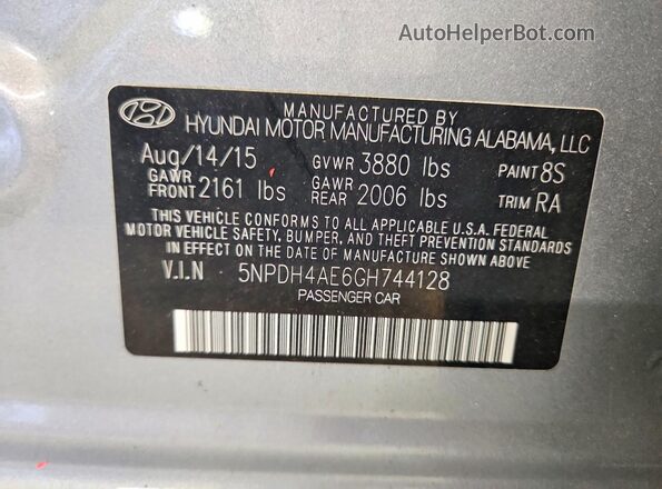 5NPDH4AE6GH744128 2016 HYUNDAI ELANTRA Silver Вид наклейки з VIN-кодом