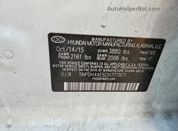 5NPDH4AE6GH777971 2016 HYUNDAI ELANTRA Белый Вид подкапотного пространства