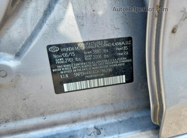 5NPDH4AE6GH786296 2016 HYUNDAI ELANTRA Silver VIN კოდის სტიკერის ხედი