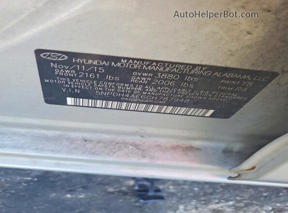 5NPDH4AE6GH787948 2016 HYUNDAI ELANTRA Silver VIN კოდის სტიკერის ხედი