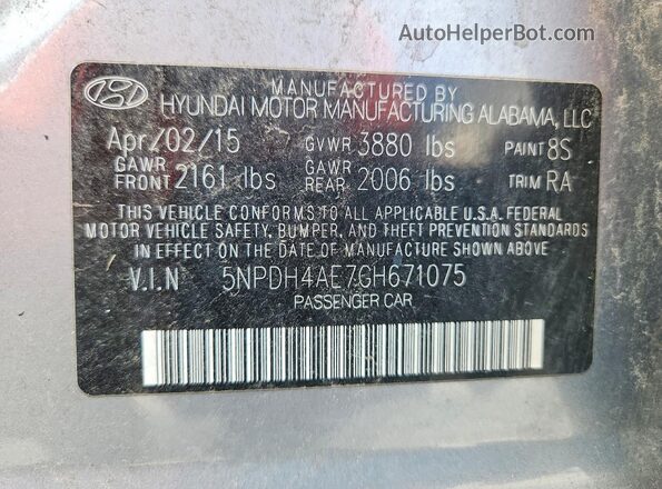 5NPDH4AE7GH671075 2016 HYUNDAI ELANTRA Silver Вид наклейки з VIN-кодом