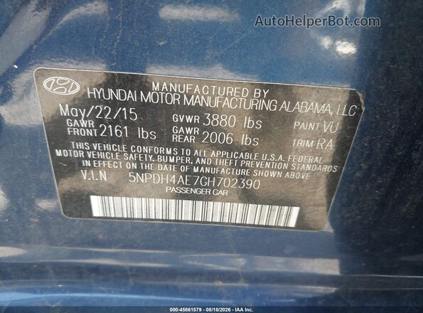 5NPDH4AE7GH702390 2016 HYUNDAI ELANTRA Blue Widok komory silnika