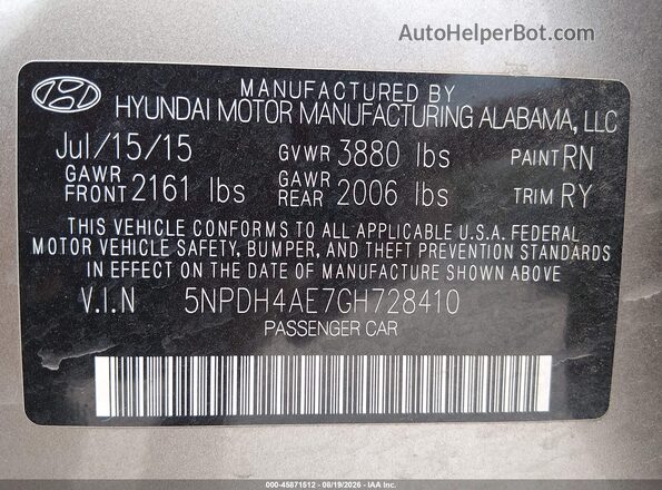 5NPDH4AE7GH728410 2016 HYUNDAI ELANTRA Gold Widok komory silnika