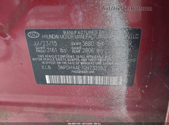 5NPDH4AE7GH732053 2016 HYUNDAI ELANTRA Maroon Widok komory silnika