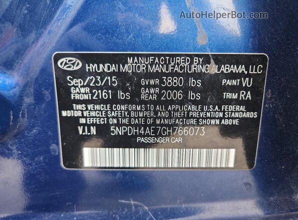 5NPDH4AE7GH766073 2016 HYUNDAI ELANTRA Blue Вид підкапотного простору