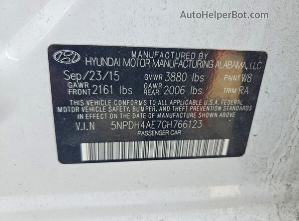 5NPDH4AE7GH766123 2016 HYUNDAI ELANTRA White VIN sticker view