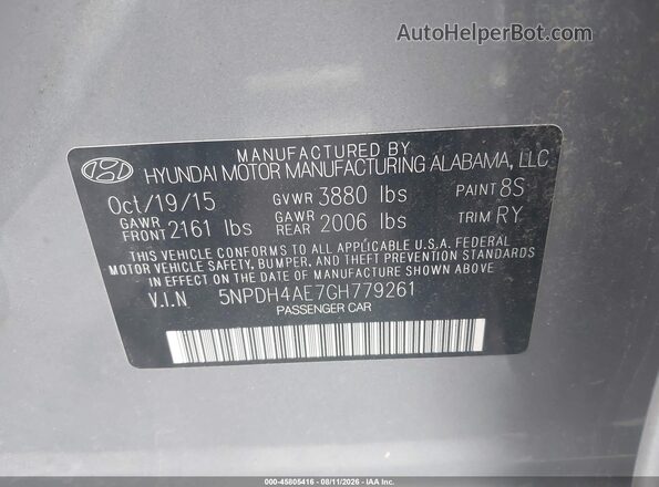 5NPDH4AE7GH779261 2016 HYUNDAI ELANTRA Gray ძრავის განყოფილების ხედი