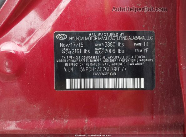 5NPDH4AE7GH790177 2016 HYUNDAI ELANTRA Red Շարժիչի բաժամունքի տեսք