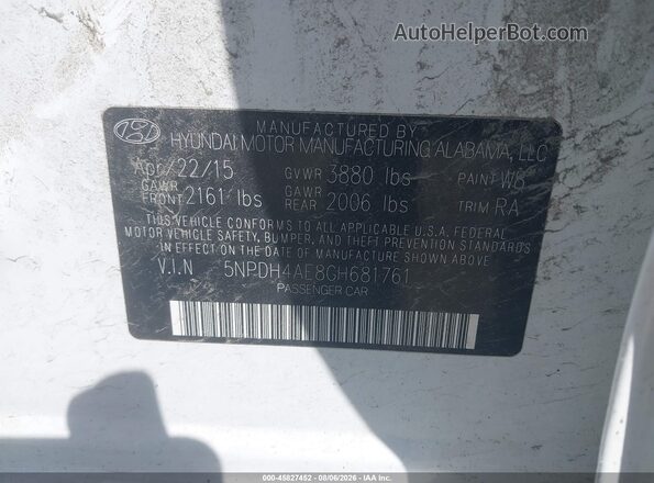 5NPDH4AE8GH681761 2016 HYUNDAI ELANTRA White Շարժիչի բաժամունքի տեսք