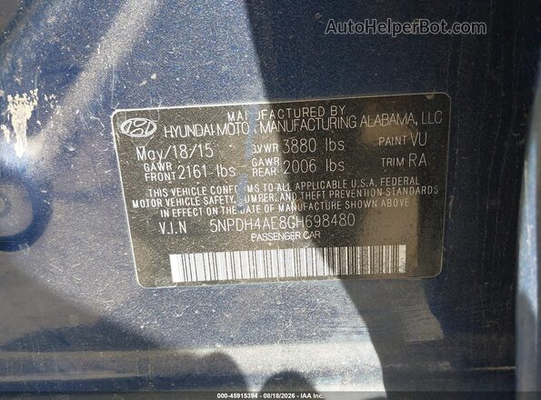 5NPDH4AE8GH698480 2016 HYUNDAI ELANTRA Blue Вид підкапотного простору