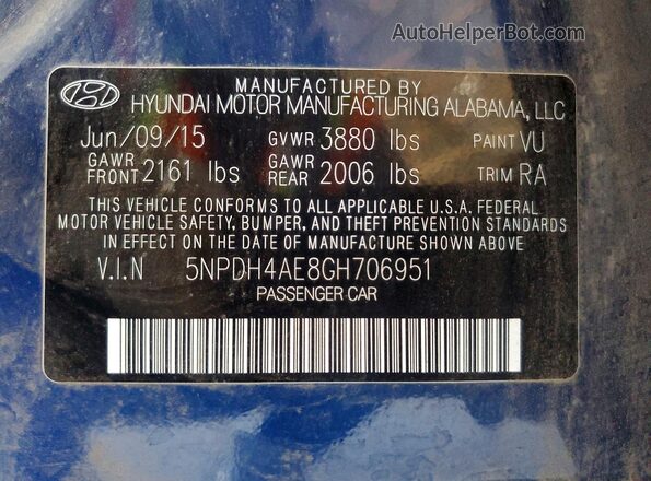 5NPDH4AE8GH706951 2016 HYUNDAI ELANTRA Blue ძრავის განყოფილების ხედი