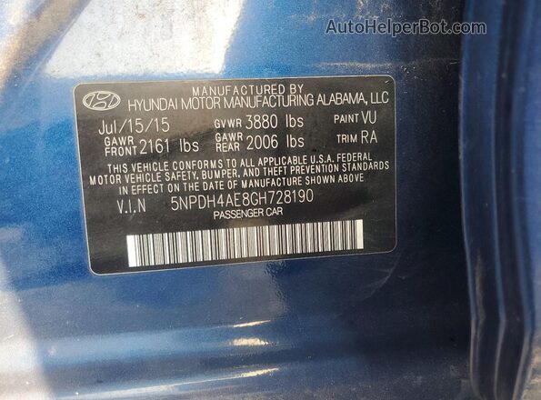 5NPDH4AE8GH728190 2016 HYUNDAI ELANTRA Blue Вид підкапотного простору