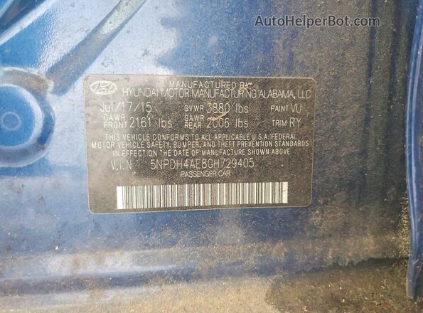 5NPDH4AE8GH729405 2016 HYUNDAI ELANTRA Blue VIN կոդի պիտակի տեսք