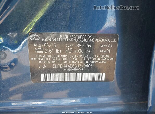 5NPDH4AE8GH740405 2016 HYUNDAI ELANTRA Blue Vista del compartimento del motor