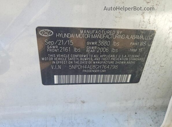 5NPDH4AE8GH764798 2016 HYUNDAI ELANTRA White Вид наклейки з VIN-кодом