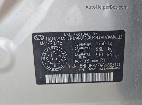 5NPDH4AE9GH663141 2016 HYUNDAI ELANTRA Silver Vista del compartimento del motor