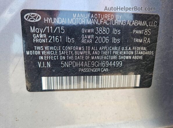 5NPDH4AE9GH694499 2016 HYUNDAI ELANTRA Silver VIN sticker view
