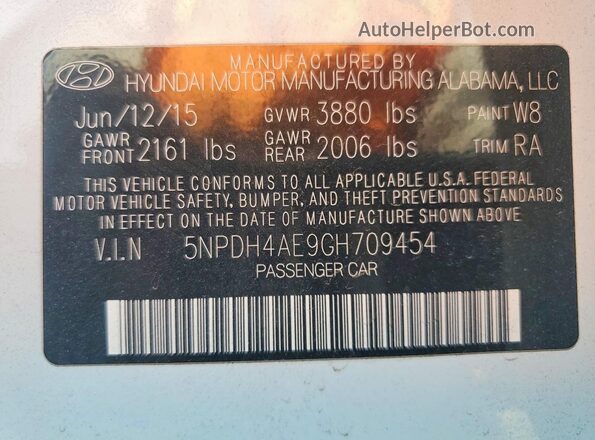 5NPDH4AE9GH709454 2016 HYUNDAI ELANTRA White VIN sticker view