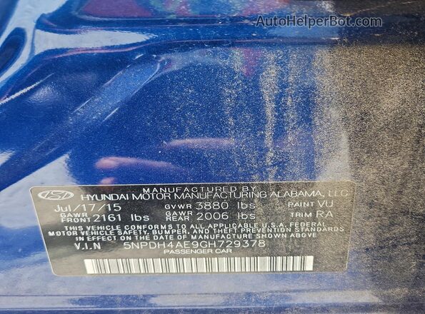 5NPDH4AE9GH729378 2016 HYUNDAI ELANTRA Blue ძრავის განყოფილების ხედი