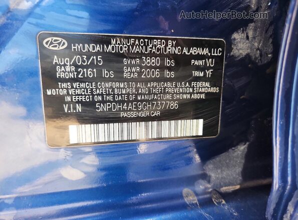 5NPDH4AE9GH737786 2016 HYUNDAI ELANTRA Синий Вид подкапотного пространства