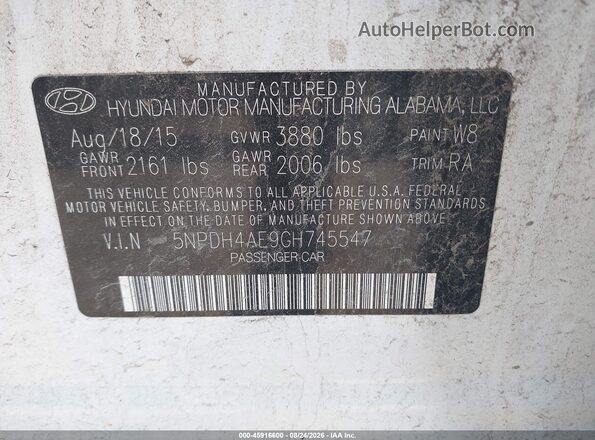 5NPDH4AE9GH745547 2016 HYUNDAI ELANTRA White Engine compartment view