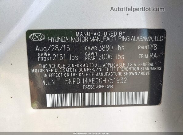 5NPDH4AE9GH751932 2016 HYUNDAI ELANTRA Silver ძრავის განყოფილების ხედი