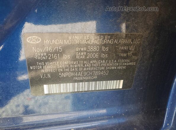 5NPDH4AE9GH789452 2016 HYUNDAI ELANTRA Blue Engine compartment view